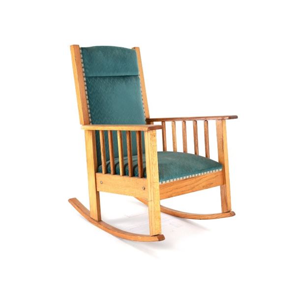 Mid Century Oak Blue Upholstered Rocking Chair