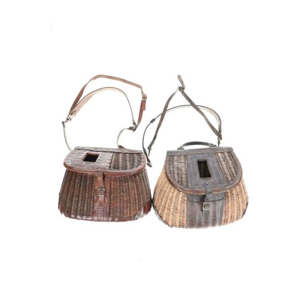 Tooled Leather & Split Willow Fishing Creels (2)