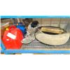 Image 2 : SHELF OF 2 JERRY CANS, WATER, RIDING BOOTS, DOG CRATE, TIRE, & GUM BOOTS