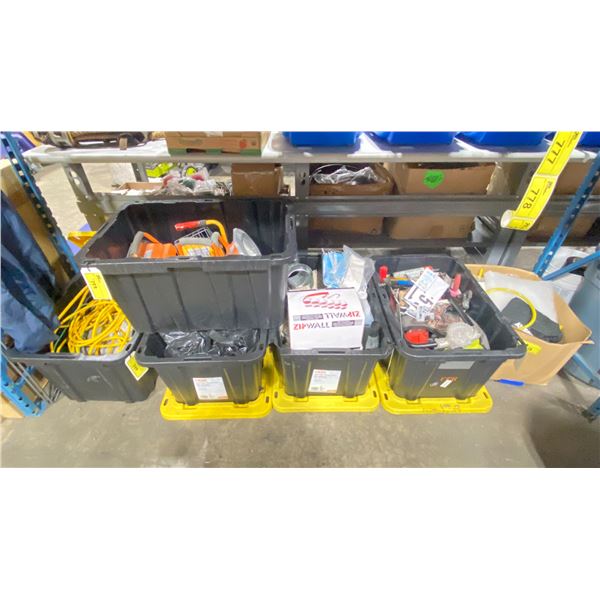 4 PLACK PLASTIC BINS OF ASSORTED HAND TOOLS, CLEANING SUPPLIES, VENTILATION TUBES, EXTENSION CORDS,