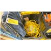 Image 2 : 4 PLACK PLASTIC BINS OF ASSORTED HAND TOOLS, CLEANING SUPPLIES, VENTILATION TUBES, EXTENSION CORDS,