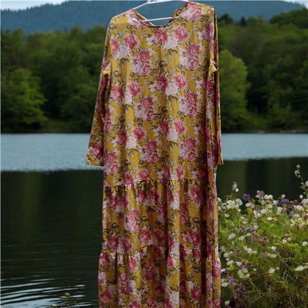 Musturd yellow and pink Floral summer Dress for Women Size XXL