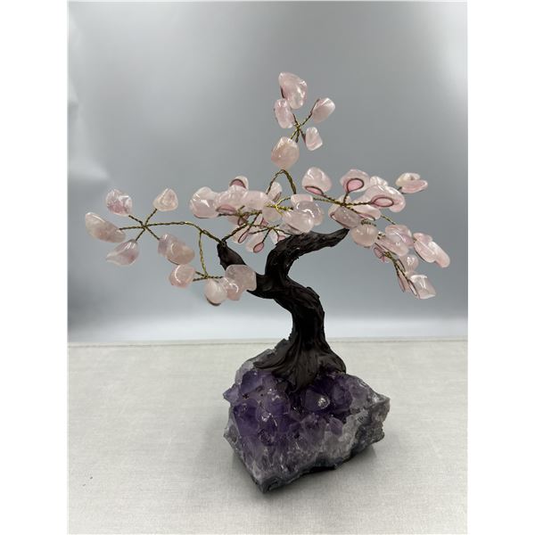 8 X 8 INCH  ROSE QUARTZ GEM CRYSTAL TREE WITH AMETHYST BASE HANDMADE