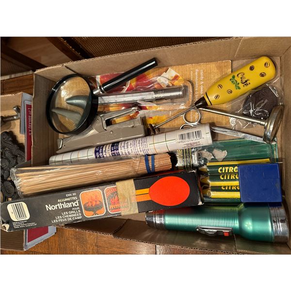 Flashlight, magnifying, glass, citronella, candles, matches, etc.