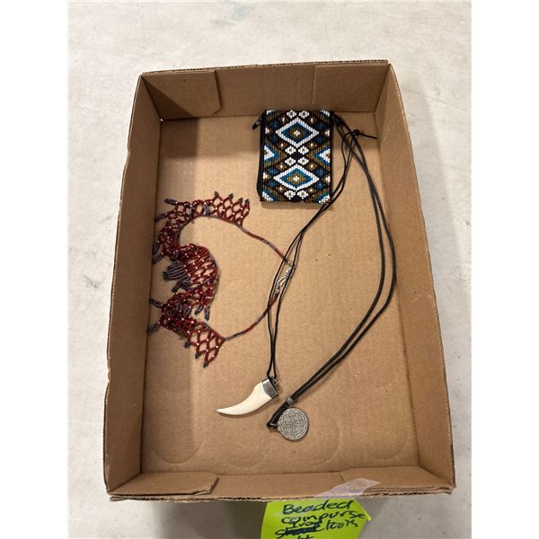 tooth pendant, other necklaces and beaded change purse