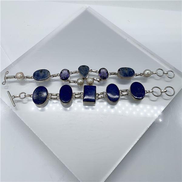 2pc Sterling Silver Bracelets with Blue Stones, Marked 925