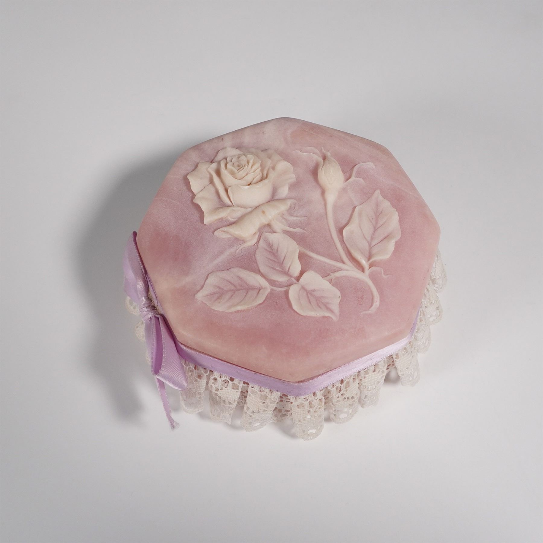 Vintage Pink Alabaster and Lace Trinket Box with Rose Relief