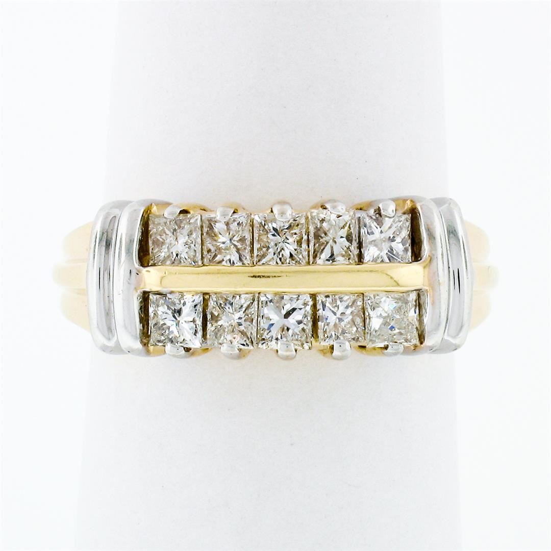 Modern 14k TT Gold 1.10 ctw Princess Cut Diamond 7.40mm Wide Dual Row ...
