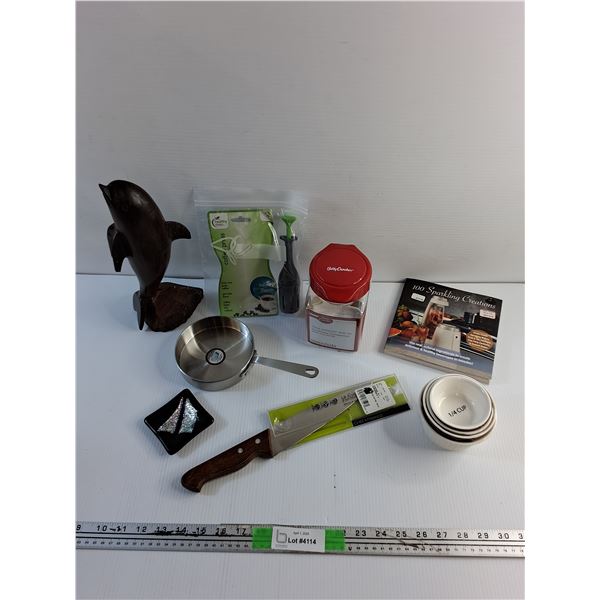 Wooden Dolphin, Coffee Press, Kitchen Knife, Measuring Cups, Egg Frying Pan and Misc
