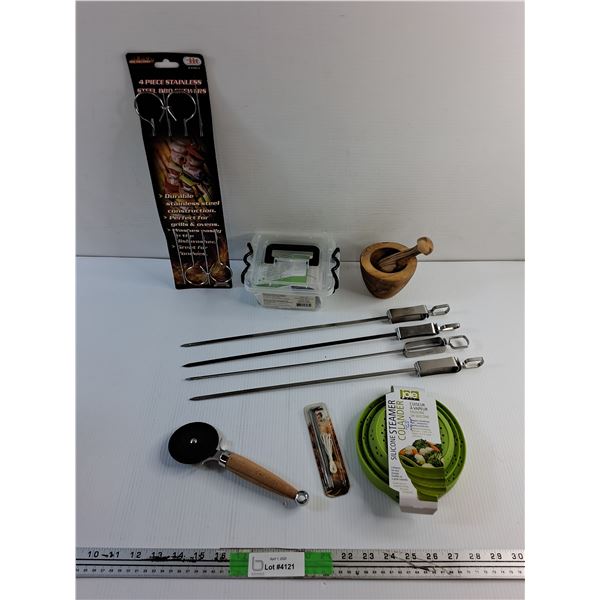 Skewers, Pizza Cutter, Silicone Steamer, Mortar & Pestle and Misc
