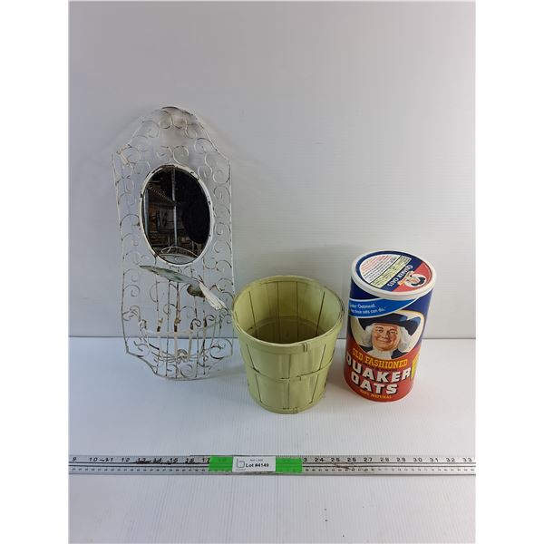 Planter, Vintage Quaker Oats Box and Mirrored Wall Decor
