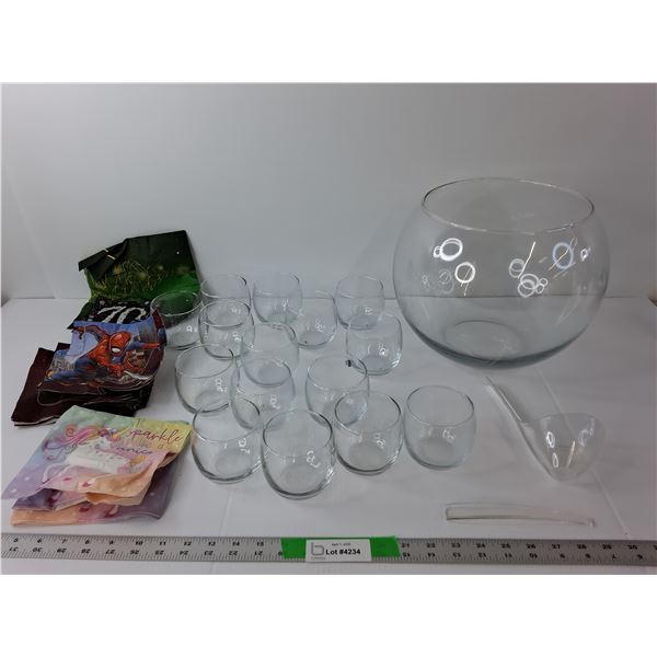 Punch Bowl, (15) Glasses & Plastic Serving Spoon