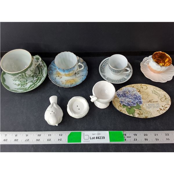 Ceramic Dishes Lot- Salt & Pepper Shakers, Teacups & Saucers, Misc.