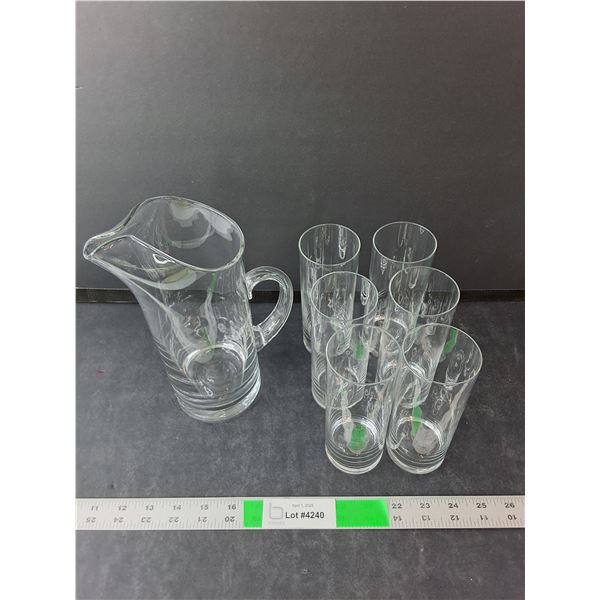 Glass Pitcher 9.5" Tall & (6) Glasses