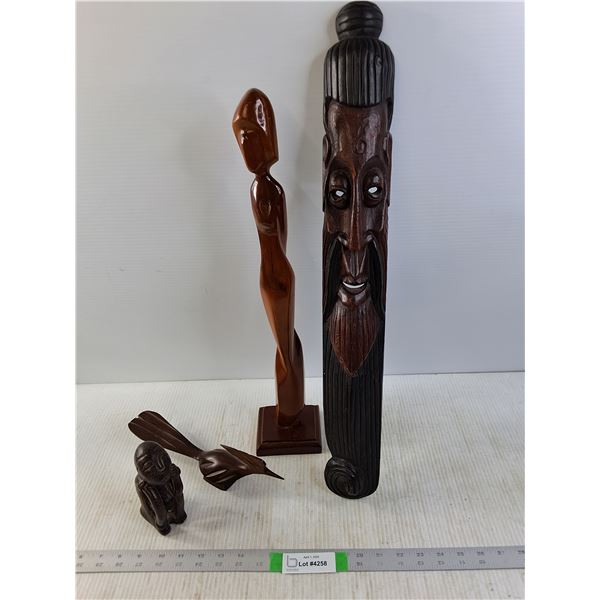 Wooden Sculptures, Bird and Small Stone Carved Person