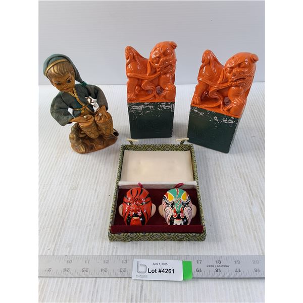 Oriental Themed Bookends, Wooden "drummer" and Masks in a Box