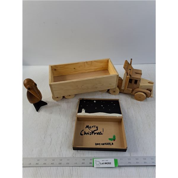 Homemade Wooden Semi Tractor, Carved Bird and Small Wooden Box