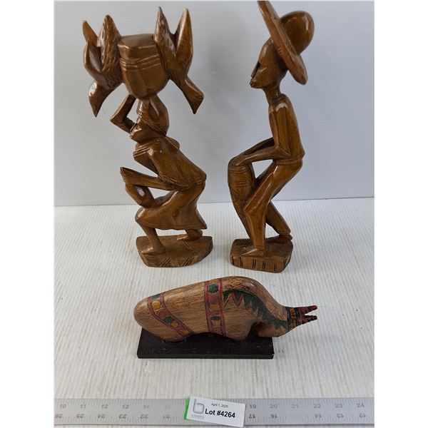 (2) Wooden Carved People and a Wooden Animal