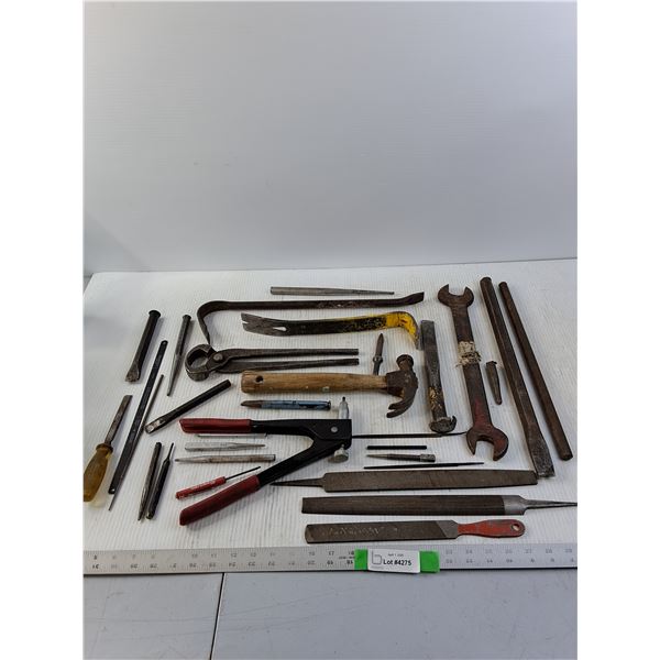Assorted Hand Tools, Hammer, Punches, Files Nippers and Wrench