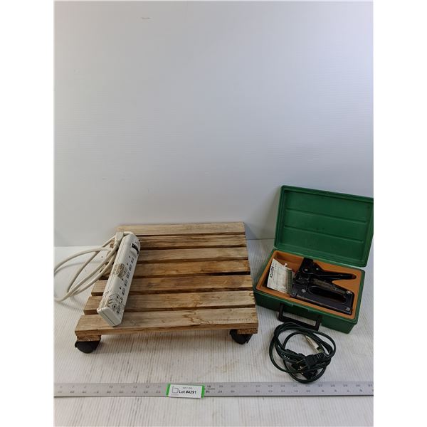 Wood Slat on Rollers (15x5"), Bostich Stapler and Electrical Cord and Power Bar