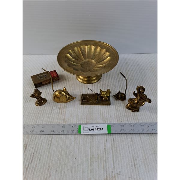 Brass Colored Dish and Brass Colored Animals with One Matchbox Holder