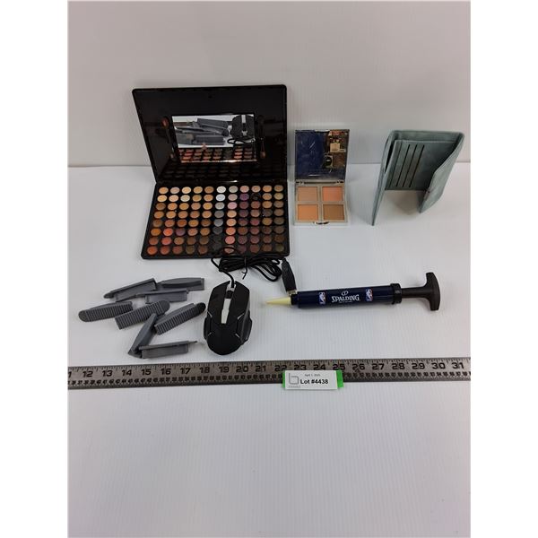 (2) Cosmetics Kits, Optical Mouse - Untested, Wallet, Spalding Air Pump, Rubber Bumpers