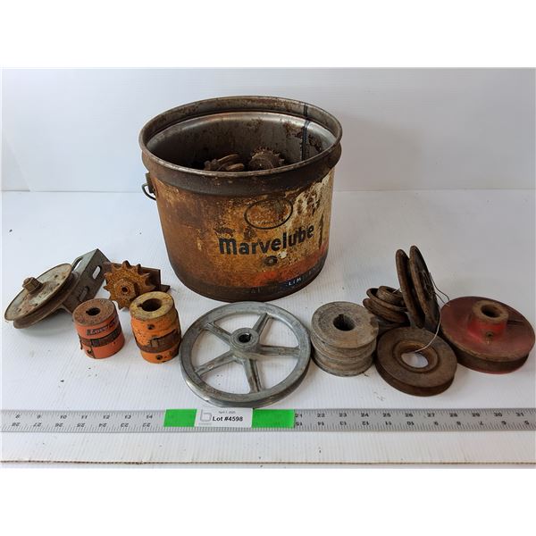 Various Gears & Pulleys & Vintage Esso Pail