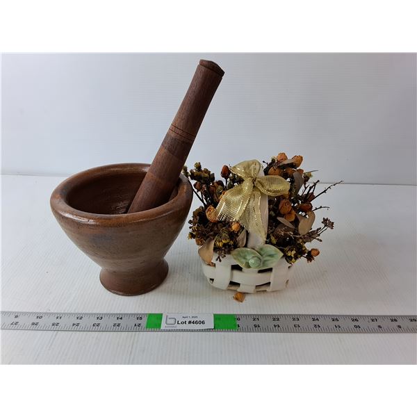 Ceramic Basket with Artificial Flowers, Wood Mortar & Pestle Set