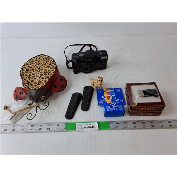 Metal Ladybug Figurine, (2) Money Clips, Vintage Camera with Film- As Is, Misc.