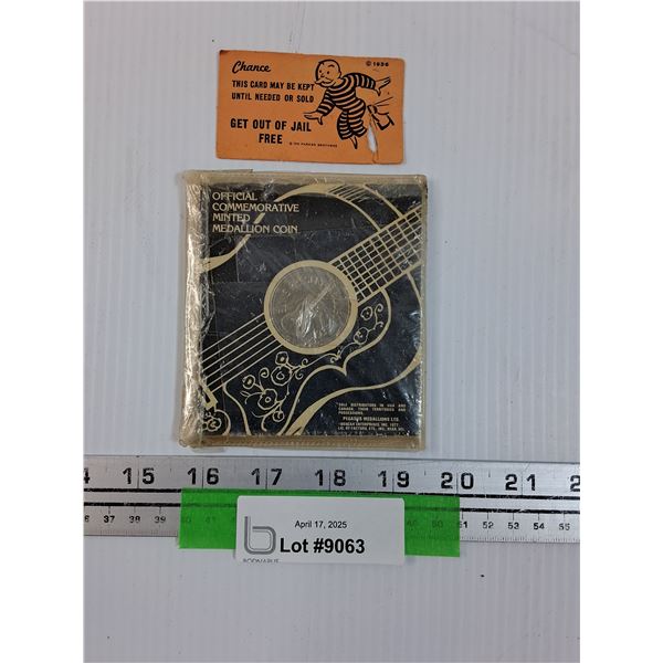 Official Elvis Presley Commemorative Coin from 1977 & Get Outta "Jail House Rock" Monopoly Card