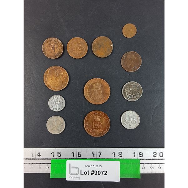 (12) Coins: Coronation Commemorative, Canadian Nickel, Pence, Franc, Misc