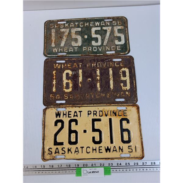 (3) Saskatchewan License Plates - 1951, 1954, 1956