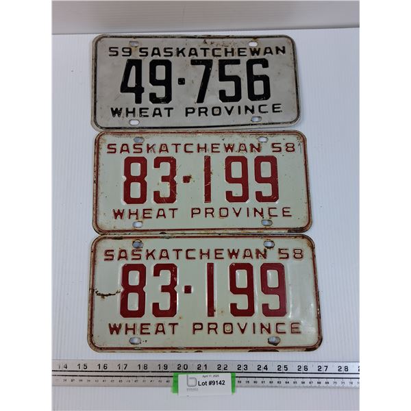 (3) Saskatchewan License Plates - 1958, 1959