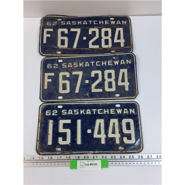 (3) Saskatchewan License Plates - 1962