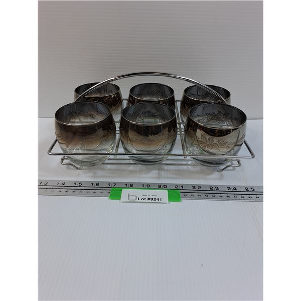 MCM Silver Ombre Etched Drink Glasses & Metal Caddy Set