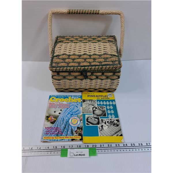 Vintage Sewing Basket w/Crochet Books & Thread