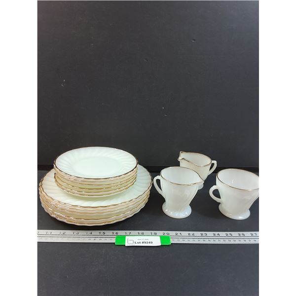 Fire King Anchor Hocking Milk Glass w/Gold Rimmed Dish Set: (6) Dinner Plates, (6) Dessert Plates, S