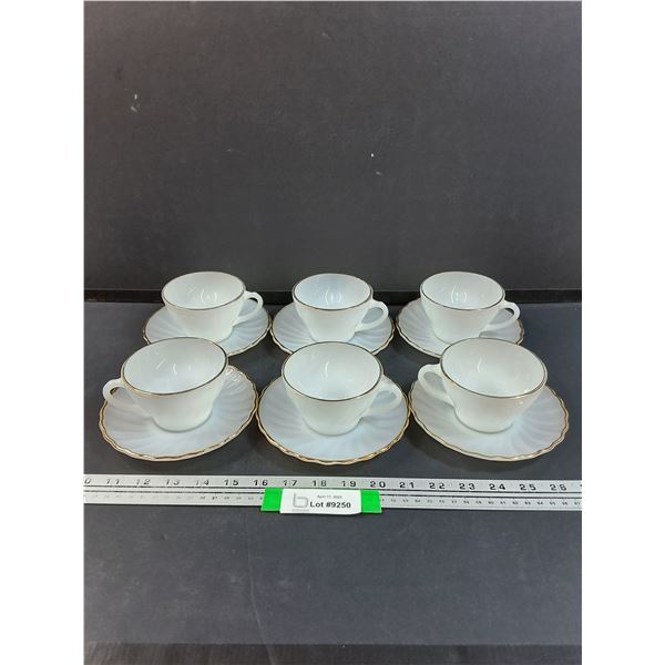(6) Anchor Hocking Milk Glass Gold Rimmed Tea Cup Sets