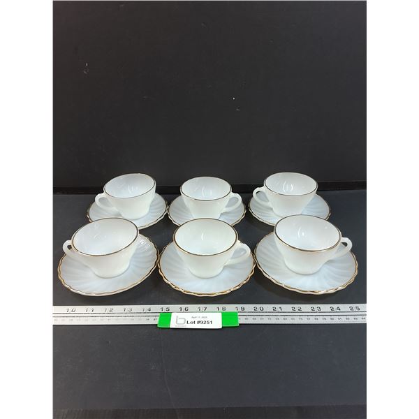 (6) Anchor Hocking Milk Glass Gold Rimmed Tea Cup Sets