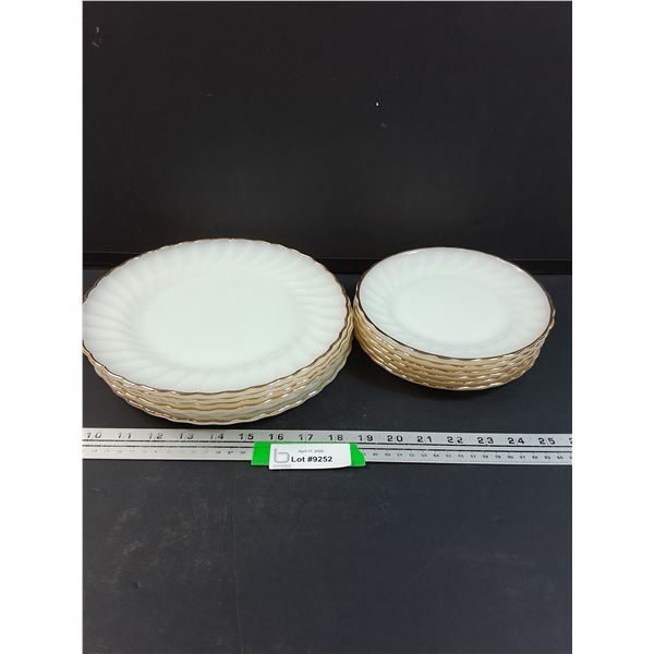 (12) Anchor Hocking Fire King Milk Glass w/Gold Rimmed Plates: (6) Dinner & (6) Dessert