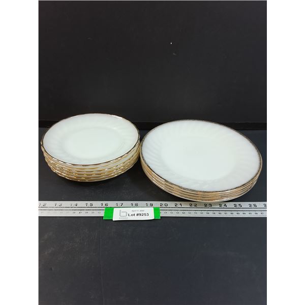 (12) Anchor Hocking Fire King Milk Glass w/Gold Rimmed Plates: (6) Dinner & (6) Dessert