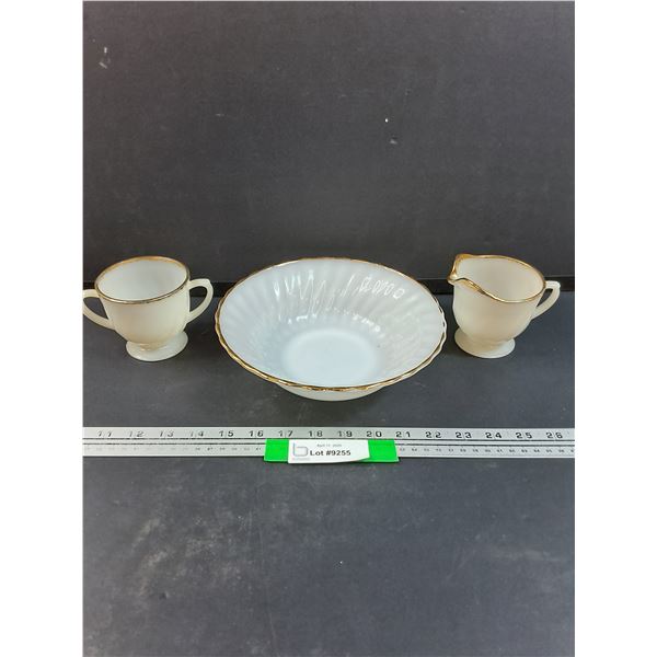 Anchor Hocking Milk Glass w/Gold Rimmed Serving Bowl & Creamer & Sugar Set
