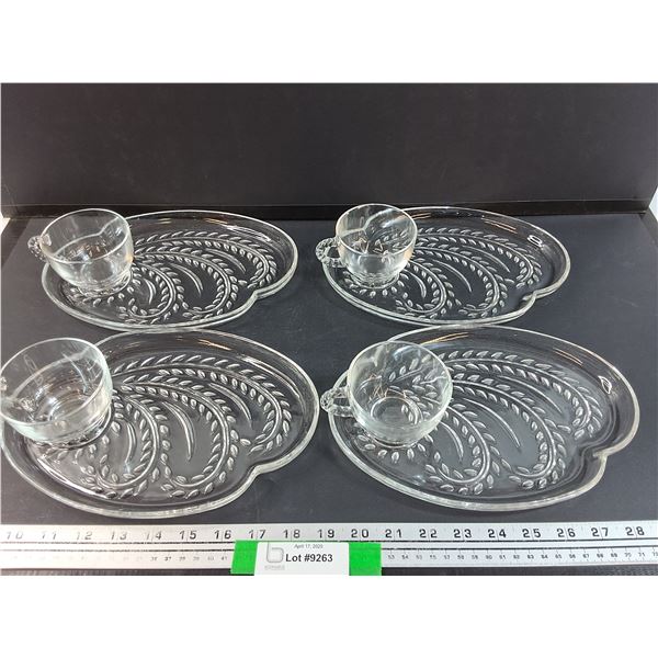 (4) Hostess Sets - Clear Glass Filligree Style (Tea Cup & Saucer)