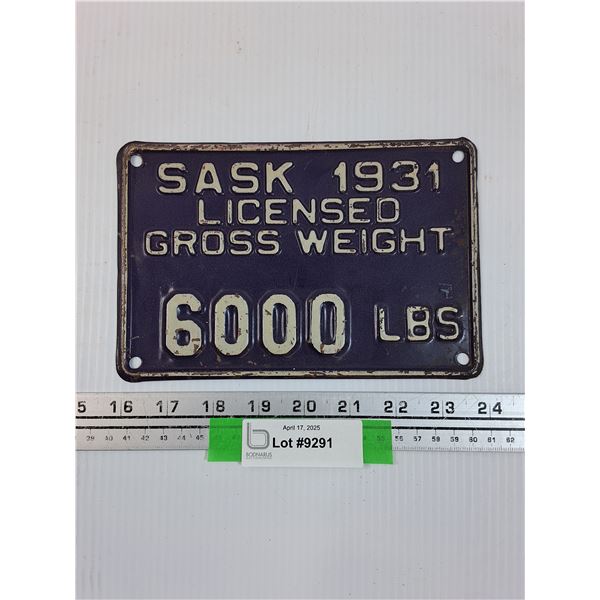 Saskatchewan License Plate - 1931 - Gross Weight