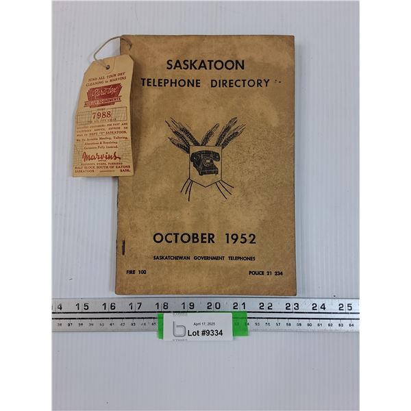 Saskatoon Telephone Directory Book - Dated 1952