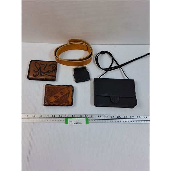 (2) Tooled Leather Wallets, Leather Coin Purse, Leather Belt, Hand Bag Purse