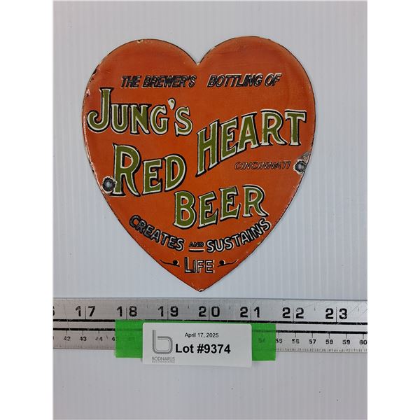 Jung's Red Heart Beer Metal Sign  - 6" x 5.5"