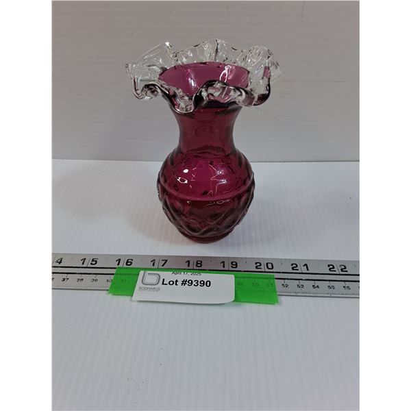 Cranberry Ruffle Art Glass Vase 5" x 4"