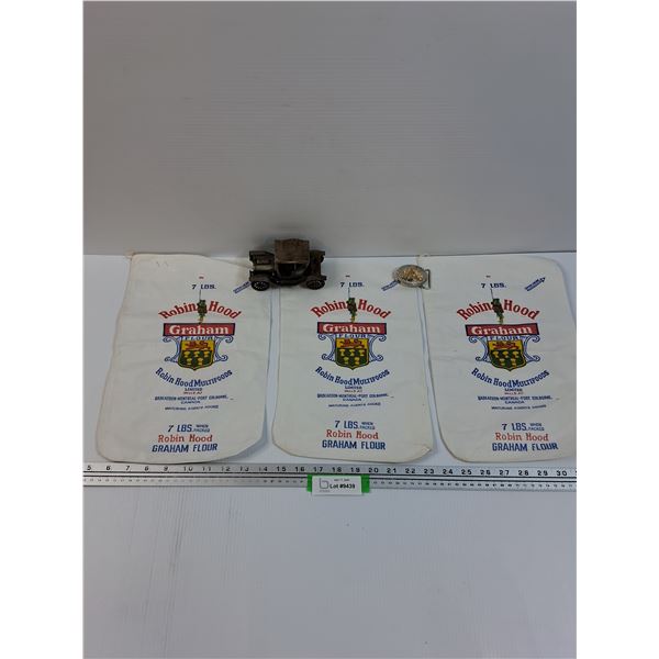 (3) Robin Hood 7lbs Flour Bags, Metal Model T Car & Children's Belt Buckle