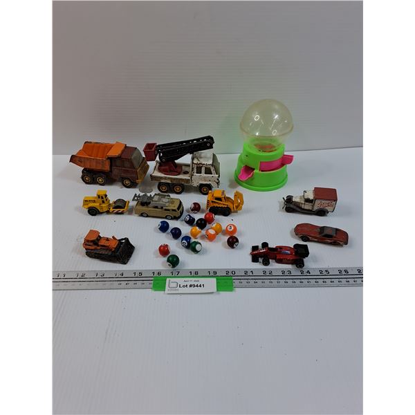 Toy Lot: Various Die Cast Vehicles, Mini Pool Balls, Toy Dispenser